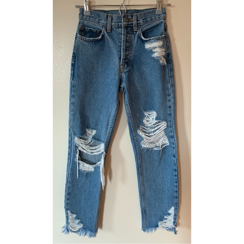Carmar • 23 • Button Fly High Rise Distressed Straight Leg Denim Jeans